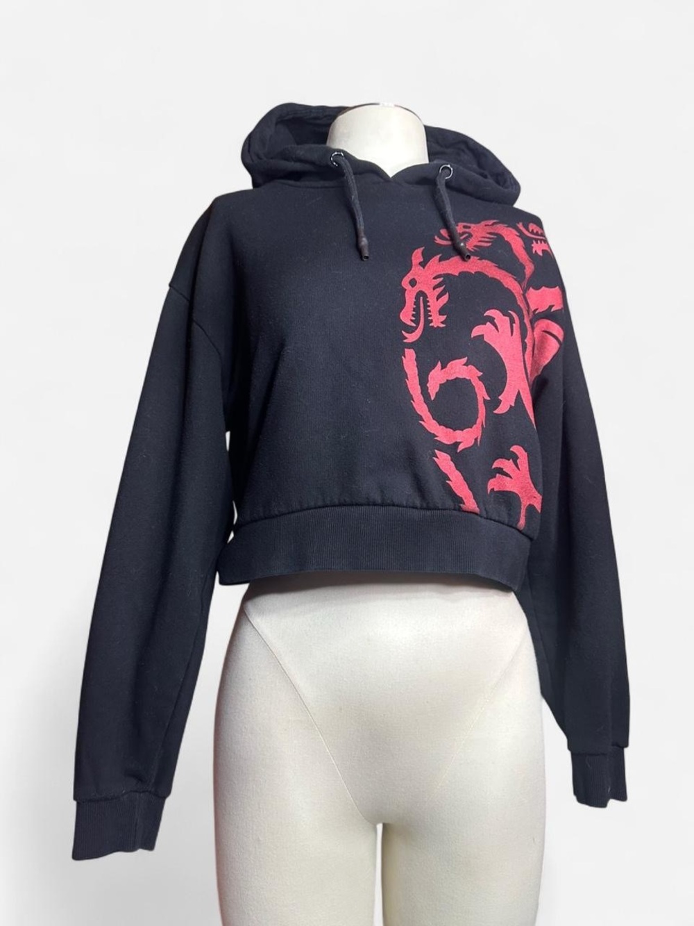 Black Cropped Hoodie with Red Dragon Graphic - Women Tops